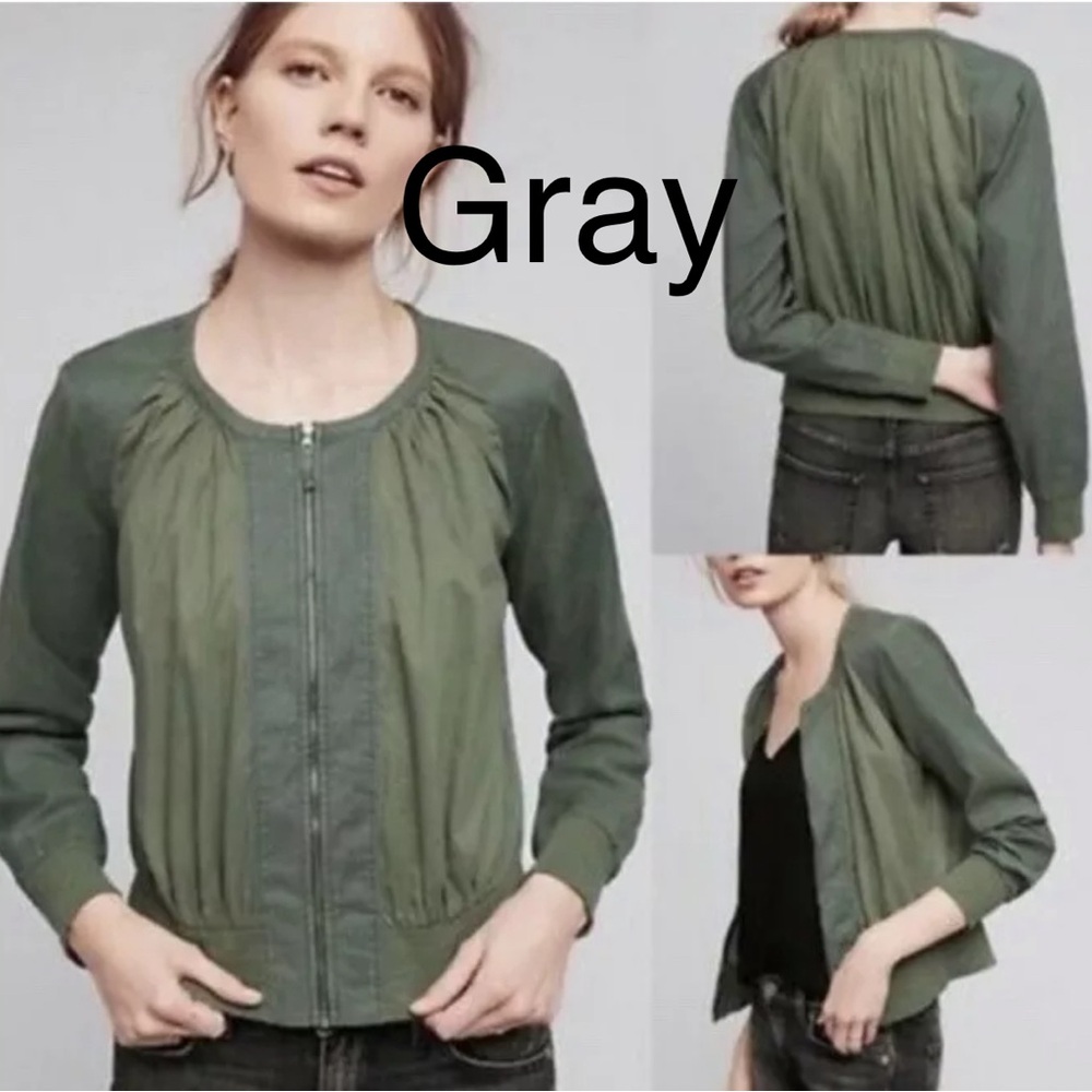 Anthropologie Hei Hei Hilltop Ruched Gray Linen Blend Zip Bomber